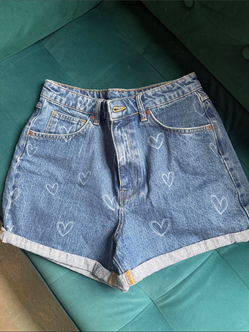 Review Blue Denim Heart Print Women’s Shorts